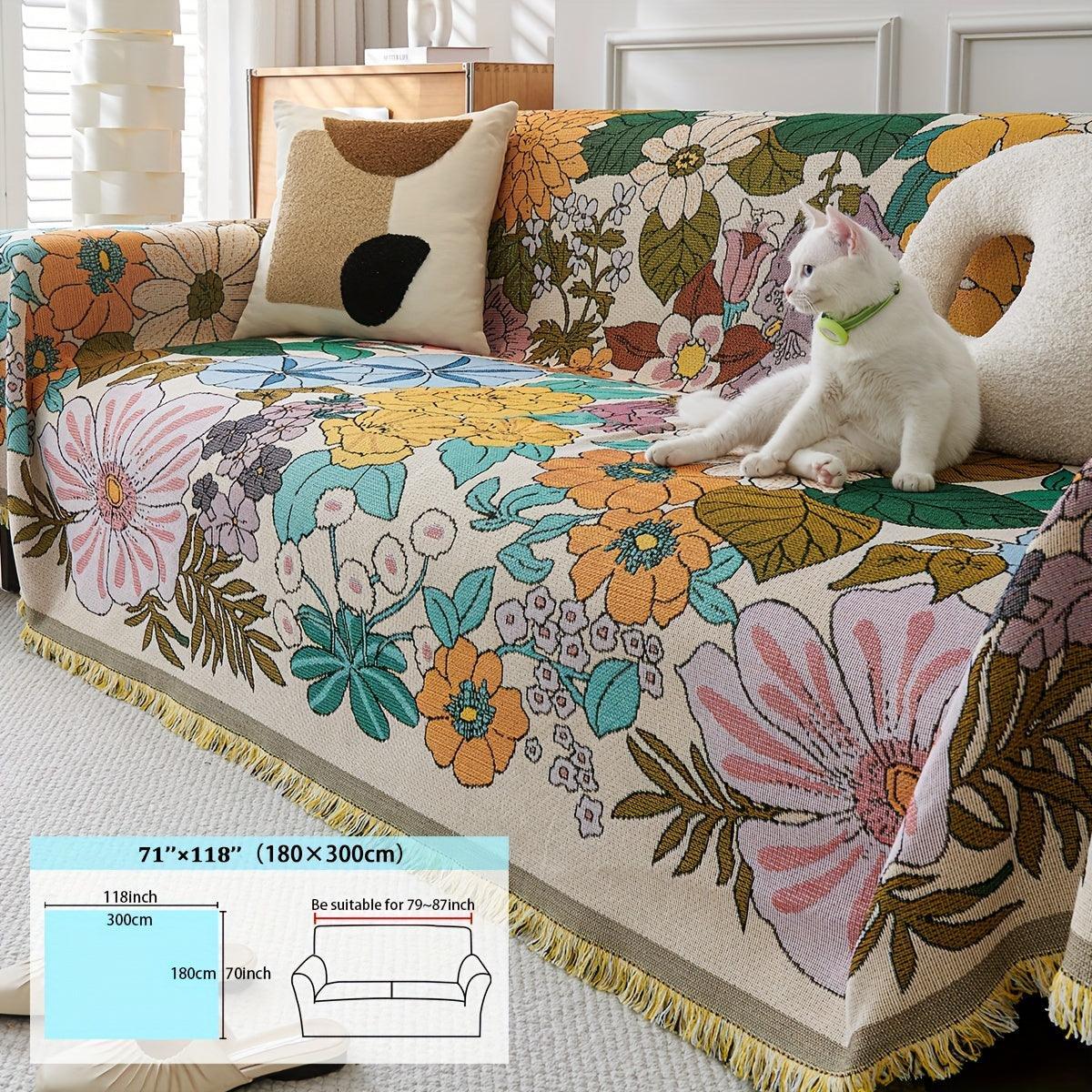 Linen Sofa Cover | Floral Tassel Throw, Pet-Friendly & Non-Slip topspet