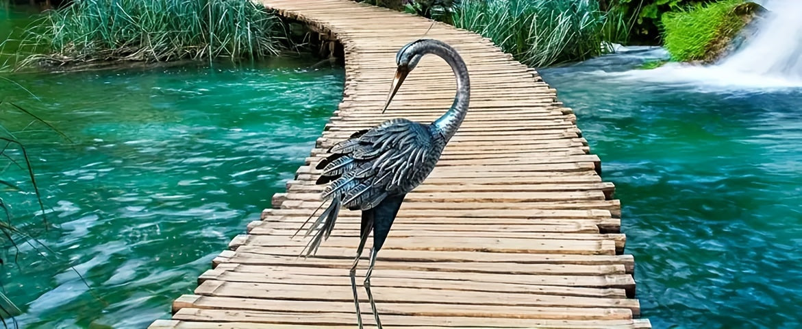 1pc Rustic Metal Garden Crane Statue Outdoor Decor, Standing Heron Sculpture Lawn Ornaments, Blue Bird Lake Yard Backyard Patio House of Avana