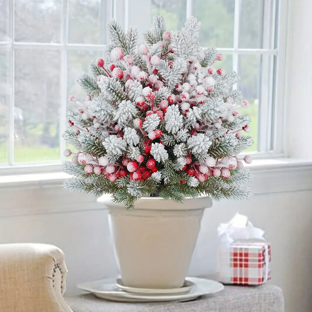 58.42 cm Realistic Snow-Covered Artificial Pine Tree Ground Stake with Red Berries & Frosted Branches - Heavy-Duty Plastic Winter Wonderland Outdoor/ Christmas Yard, Garden, or Table Centerpiece Decoration - Easy Install ( House Of Avana