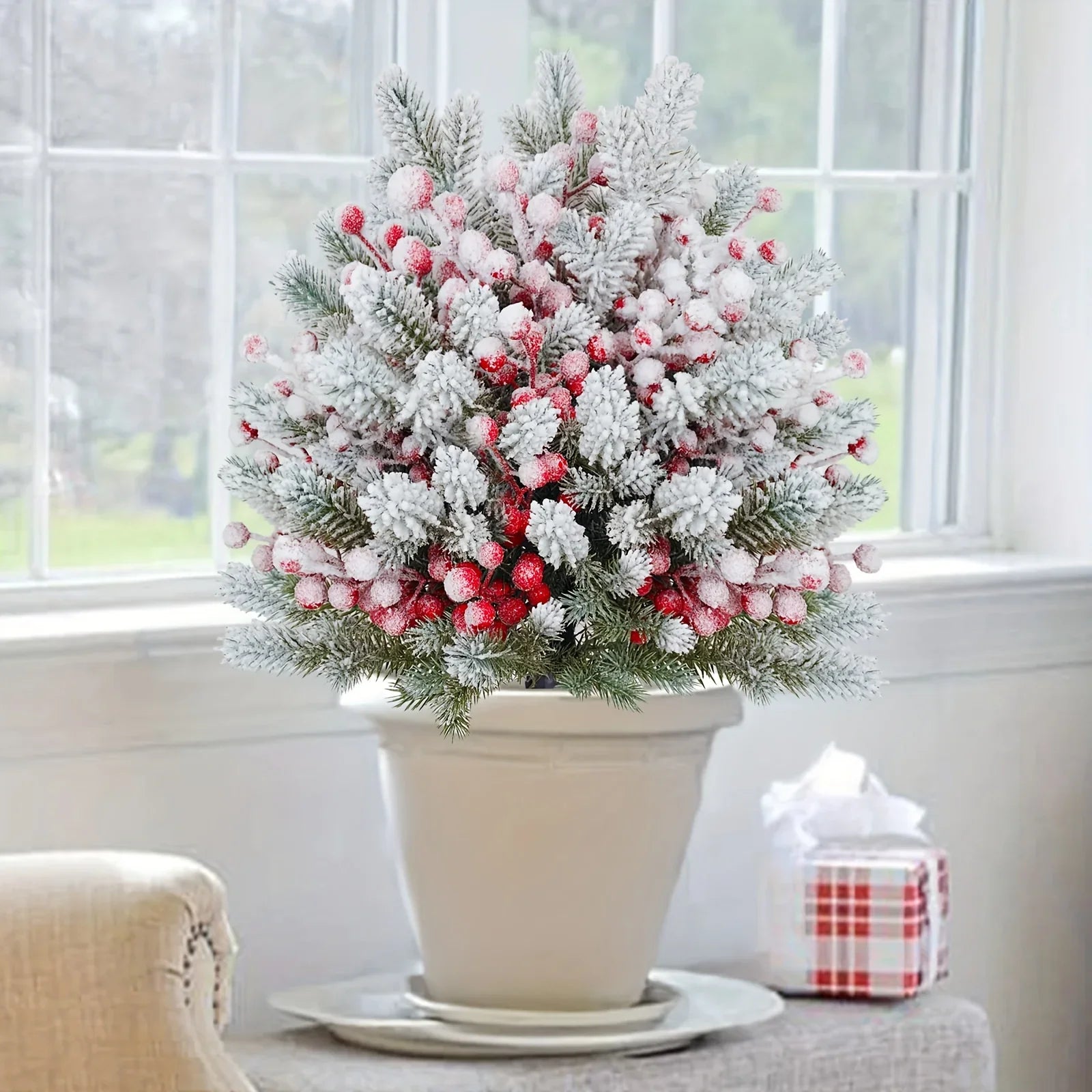 58.42 cm Realistic Snow-Covered Artificial Pine Tree Ground Stake with Red Berries & Frosted Branches - Heavy-Duty Plastic Winter Wonderland Outdoor/ Christmas Yard, Garden, or Table Centerpiece Decoration - Easy Install ( House Of Avana