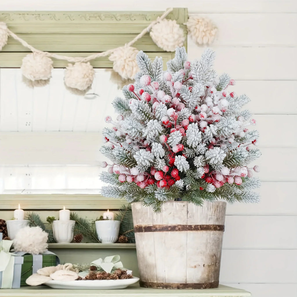58.42 cm Realistic Snow-Covered Artificial Pine Tree Ground Stake with Red Berries & Frosted Branches - Heavy-Duty Plastic Winter Wonderland Outdoor/ Christmas Yard, Garden, or Table Centerpiece Decoration - Easy Install ( House Of Avana