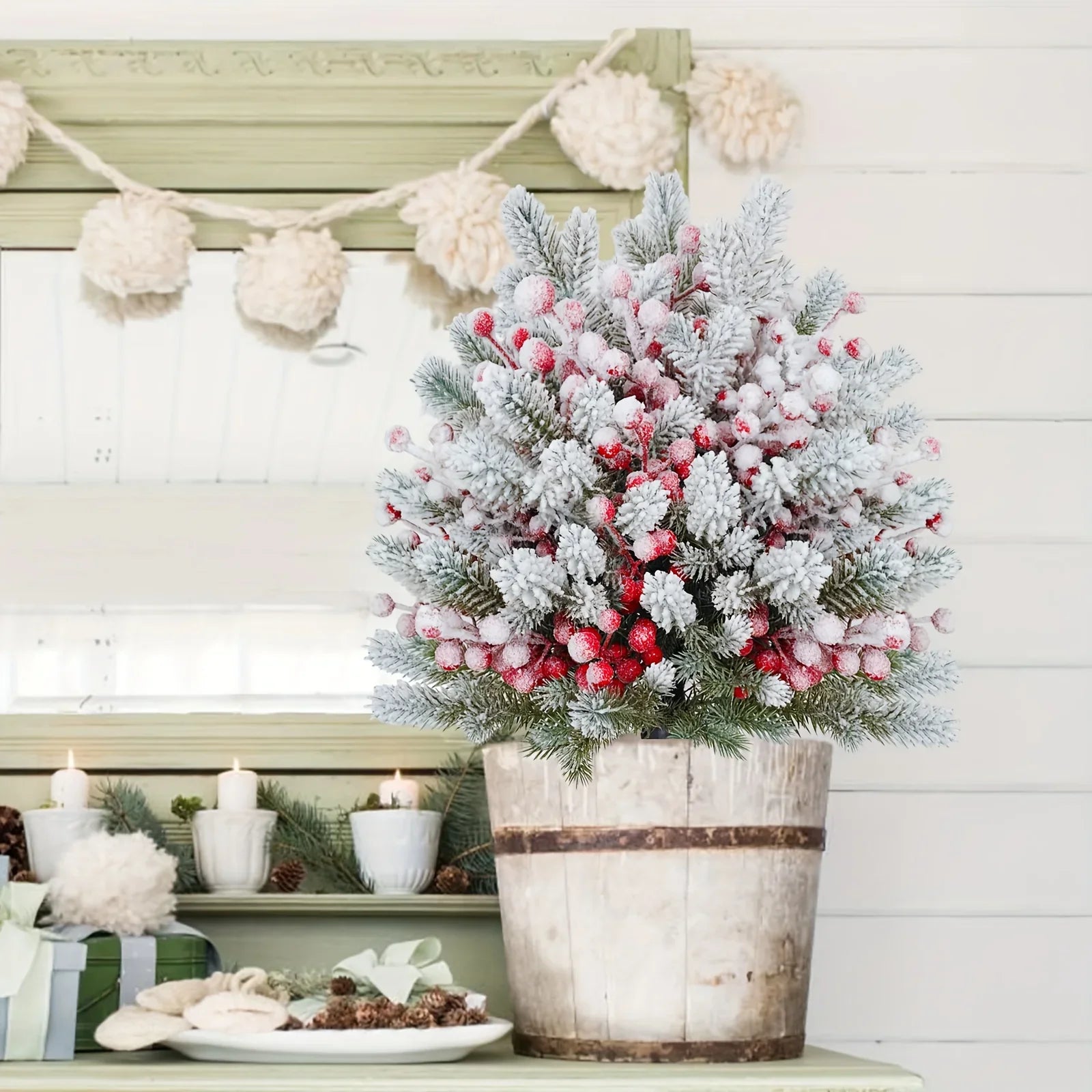 58.42 cm Realistic Snow-Covered Artificial Pine Tree Ground Stake with Red Berries & Frosted Branches - Heavy-Duty Plastic Winter Wonderland Outdoor/ Christmas Yard, Garden, or Table Centerpiece Decoration - Easy Install ( House Of Avana