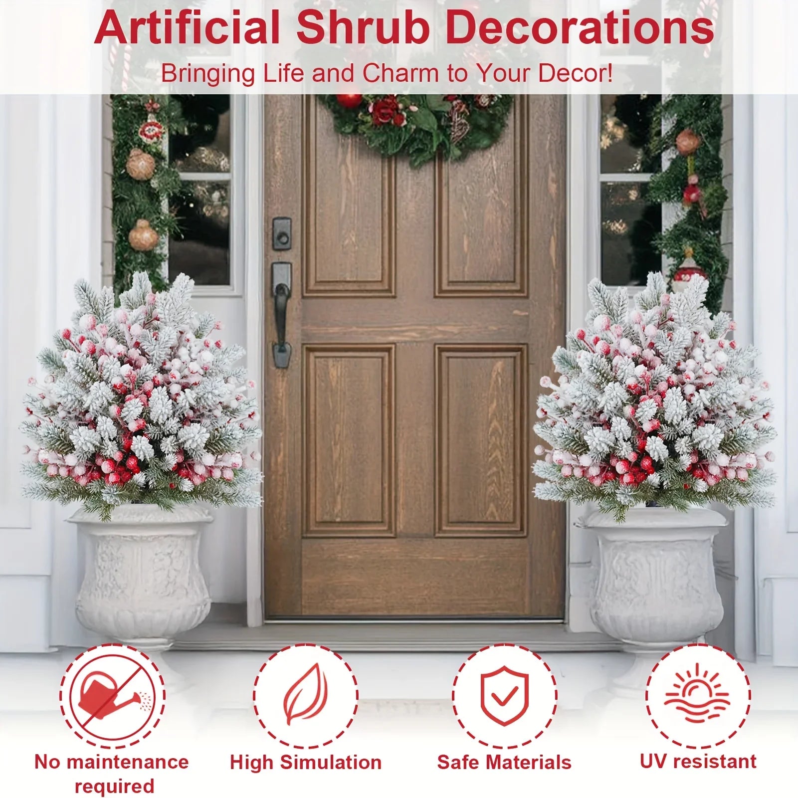 58.42 cm Realistic Snow-Covered Artificial Pine Tree Ground Stake with Red Berries & Frosted Branches - Heavy-Duty Plastic Winter Wonderland Outdoor/ Christmas Yard, Garden, or Table Centerpiece Decoration - Easy Install ( House Of Avana
