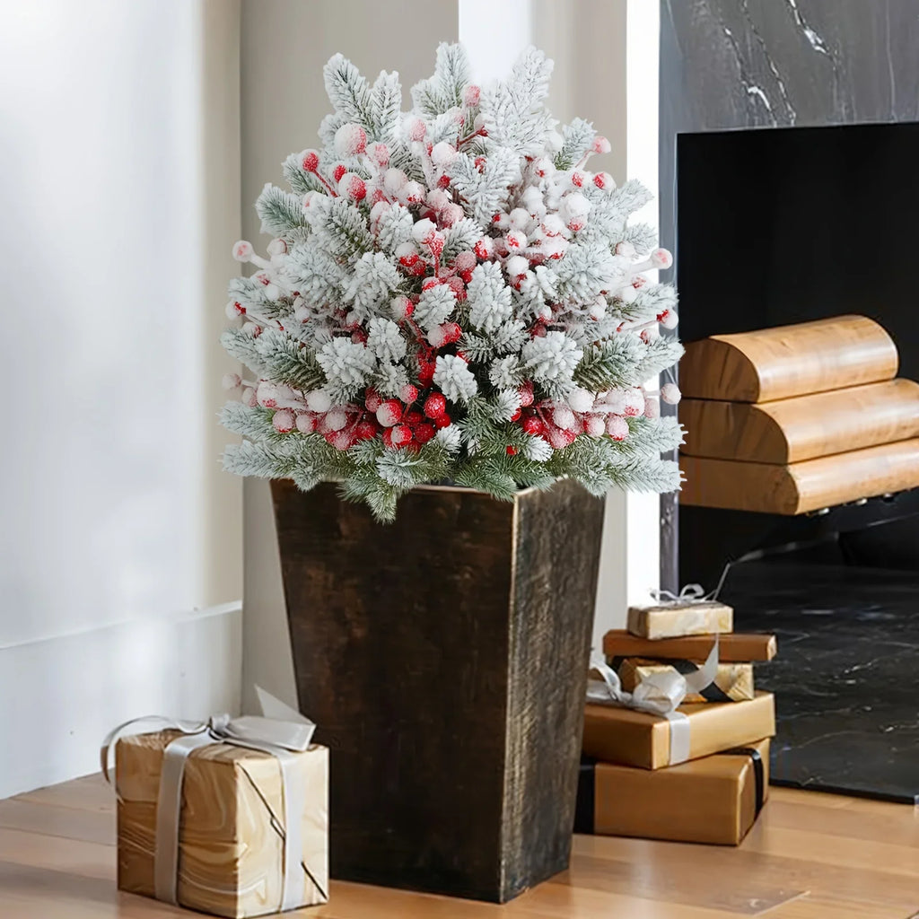 58.42 cm Realistic Snow-Covered Artificial Pine Tree Ground Stake with Red Berries & Frosted Branches - Heavy-Duty Plastic Winter Wonderland Outdoor/ Christmas Yard, Garden, or Table Centerpiece Decoration - Easy Install ( House Of Avana