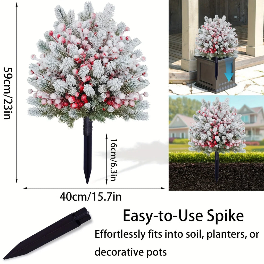 58.42 cm Realistic Snow-Covered Artificial Pine Tree Ground Stake with Red Berries & Frosted Branches - Heavy-Duty Plastic Winter Wonderland Outdoor/ Christmas Yard, Garden, or Table Centerpiece Decoration - Easy Install ( House Of Avana