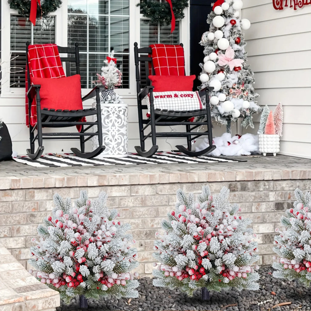 58.42 cm Realistic Snow-Covered Artificial Pine Tree Ground Stake with Red Berries & Frosted Branches - Heavy-Duty Plastic Winter Wonderland Outdoor/ Christmas Yard, Garden, or Table Centerpiece Decoration - Easy Install ( House Of Avana