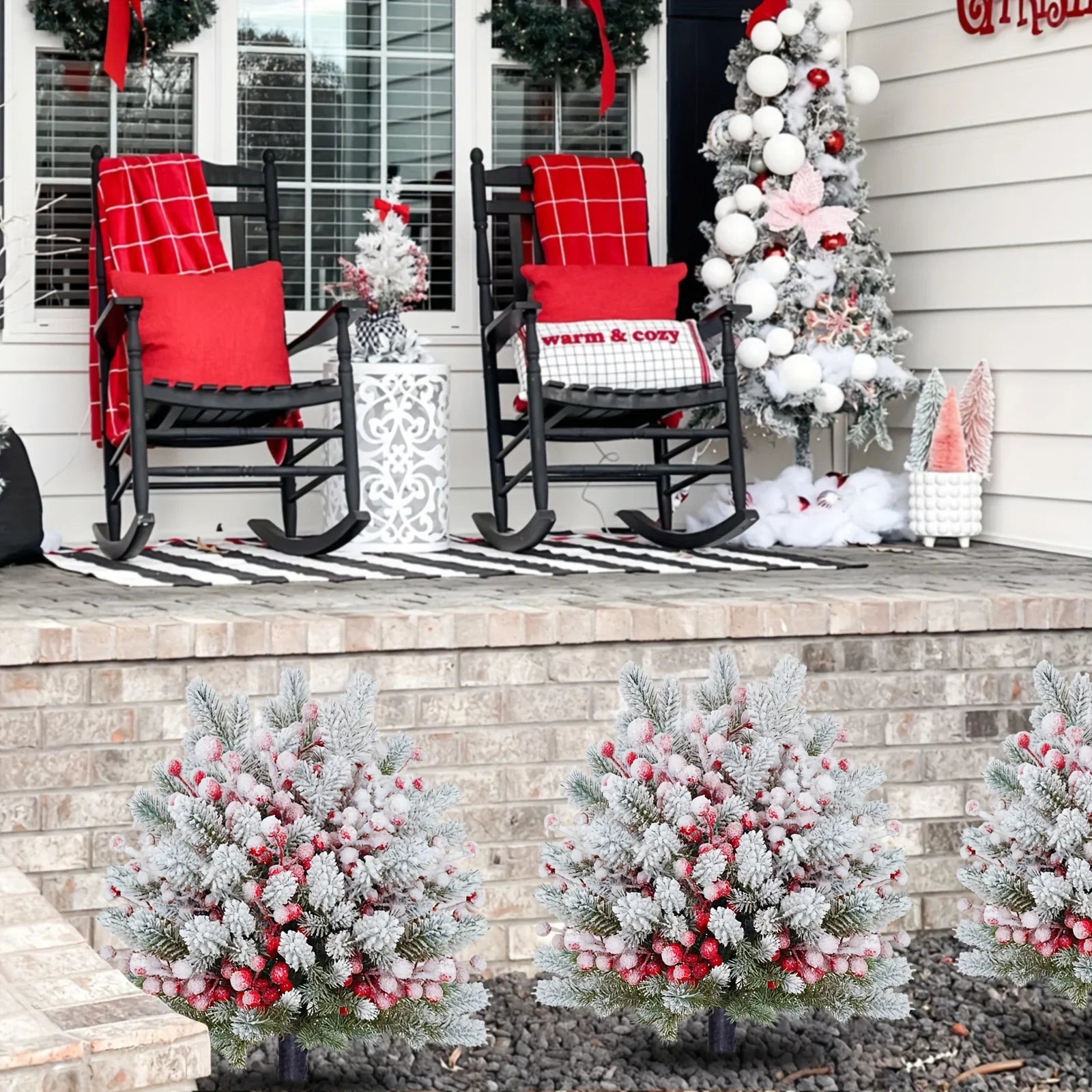 58.42 cm Realistic Snow-Covered Artificial Pine Tree Ground Stake with Red Berries & Frosted Branches - Heavy-Duty Plastic Winter Wonderland Outdoor/ Christmas Yard, Garden, or Table Centerpiece Decoration - Easy Install ( House Of Avana