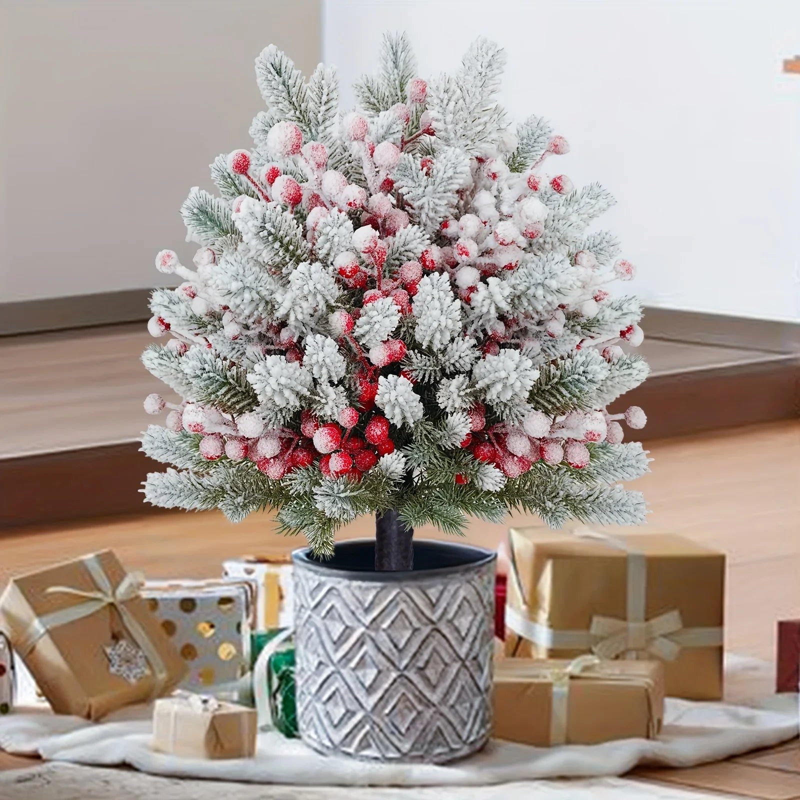58.42 cm Realistic Snow-Covered Artificial Pine Tree Ground Stake with Red Berries & Frosted Branches - Heavy-Duty Plastic Winter Wonderland Outdoor/ Christmas Yard, Garden, or Table Centerpiece Decoration - Easy Install ( House Of Avana