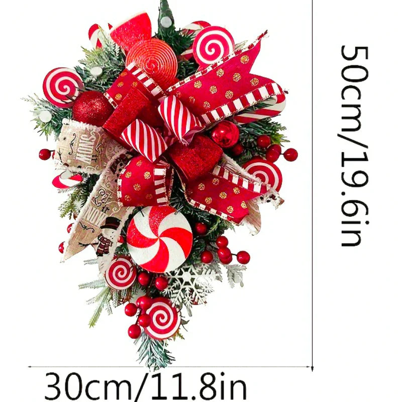 Christmas Candy & Bow Upside-Down Tree Wreath - Red & Candy Cane Design with Golden Bows, Durable Plastic Holiday Door Hanging Decor for Home, Kitchen, Staircase - No Electricity Needed, Easy to Hang, Christmas Wreaths for Fr House Of Avana