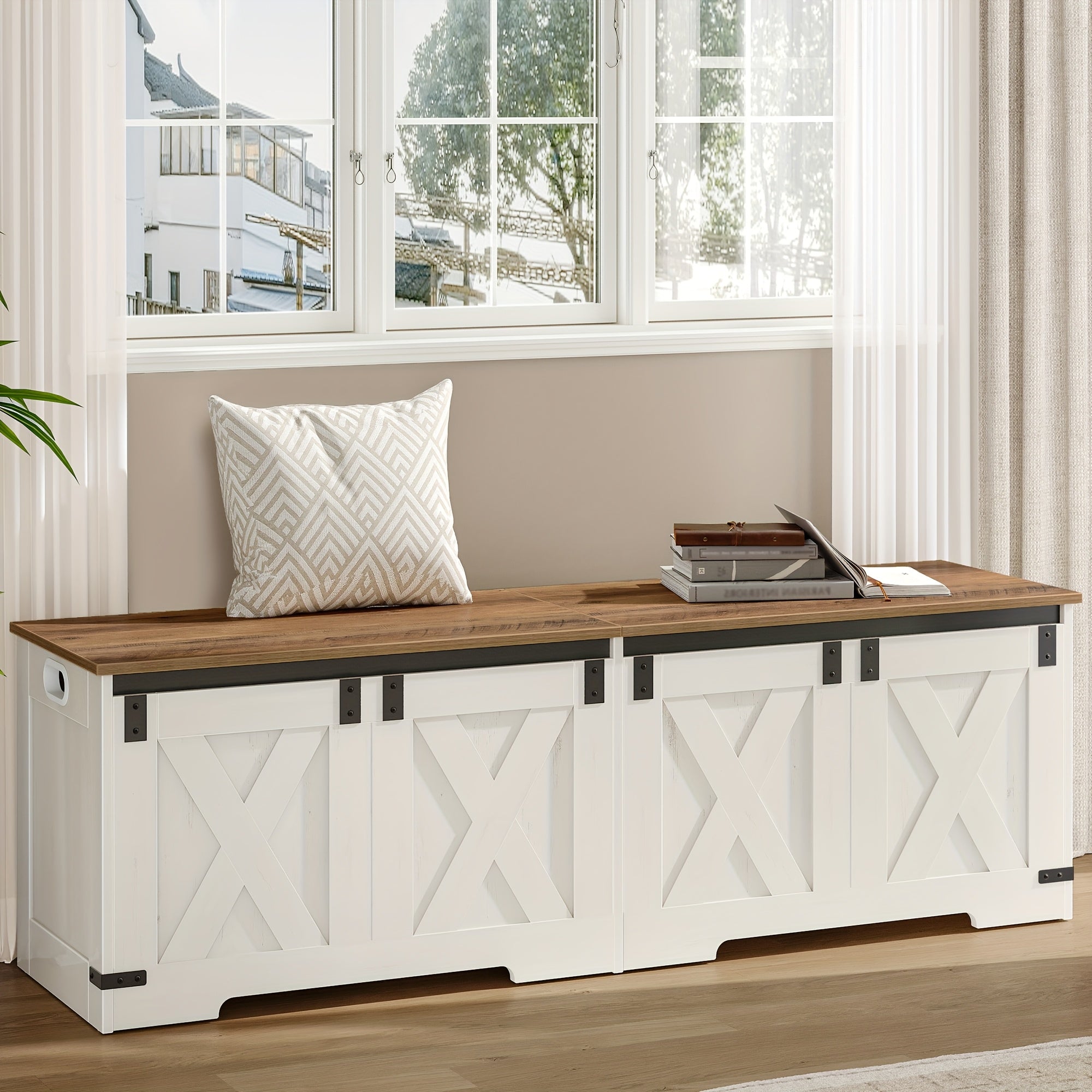 59" Storage Chest, Extra Large Storage Trunk with 2 Safety Hinges, Farmhouse Wooden Box Bench, Lift-Top Organizer Chest, Entryway Trunk for Bedroom, Living Room, White And Brown House Of Avana