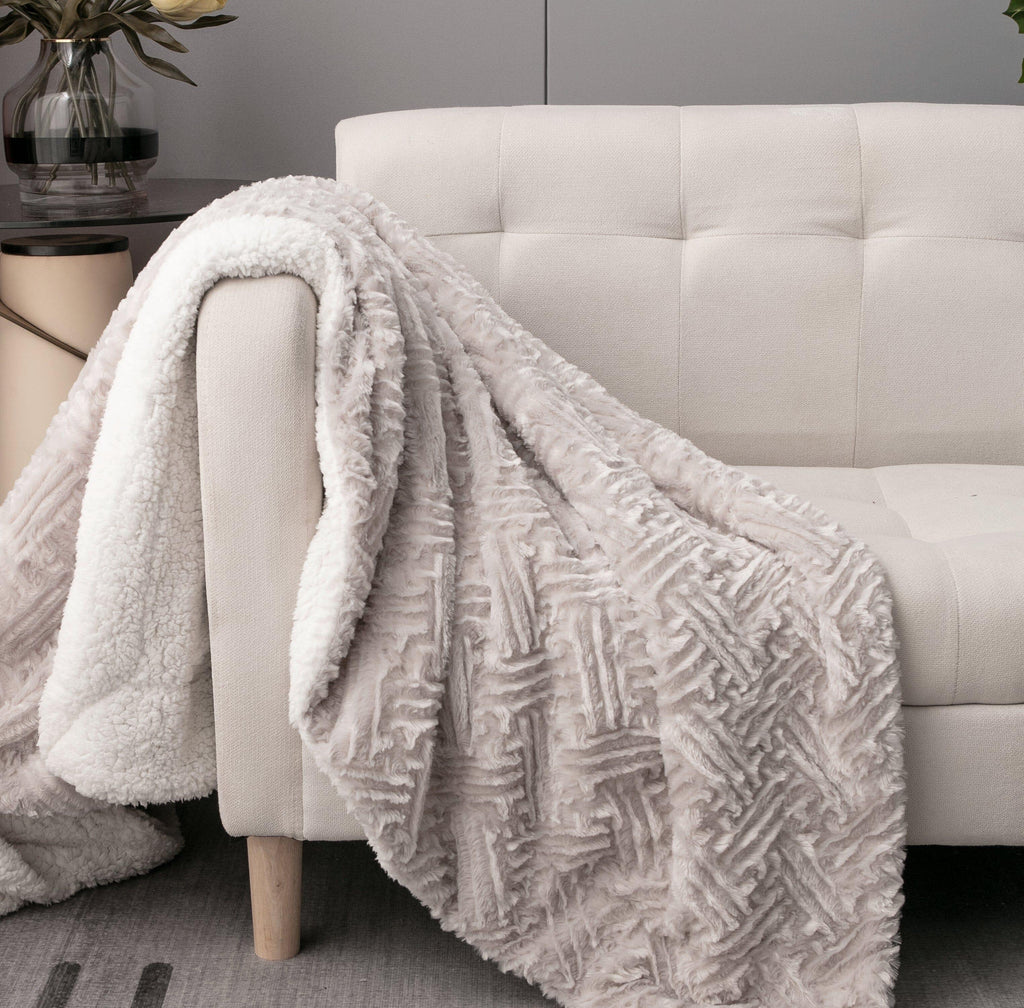 DaDalogy Bedding Lavender Grey Faux Fur Throw Blanket - Dreamy Geometric Embossed Sherpa Backside - Super Soft Warm Cozy Plush Fluffy DaDalogy Bedding Collection