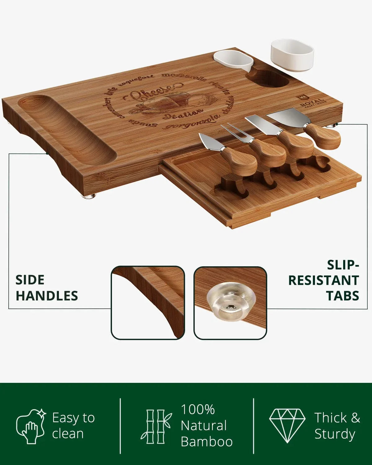 Cheese Board Set w/knives, 16.5“x11”, Brown Royal Craft Wood