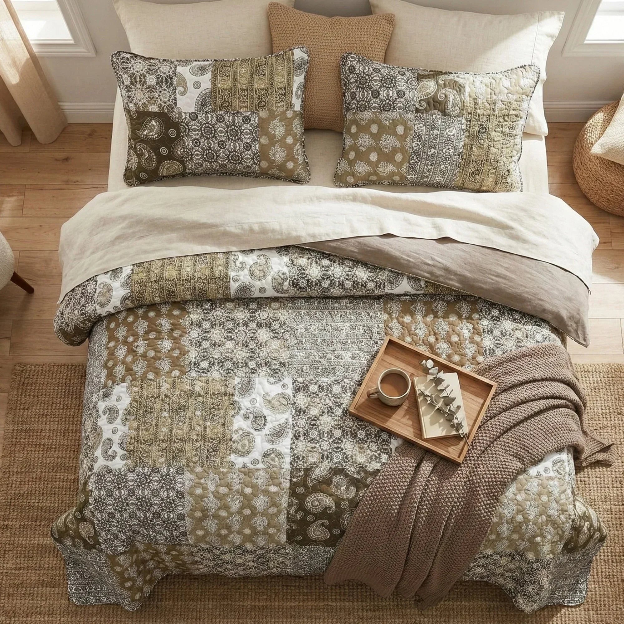 DaDa Bedding Bohemian Olive Brown Moroccan Paisley Floral Filigree Patchwork Cotton Bedspread Set (JHW-885) DaDalogy Bedding Collection