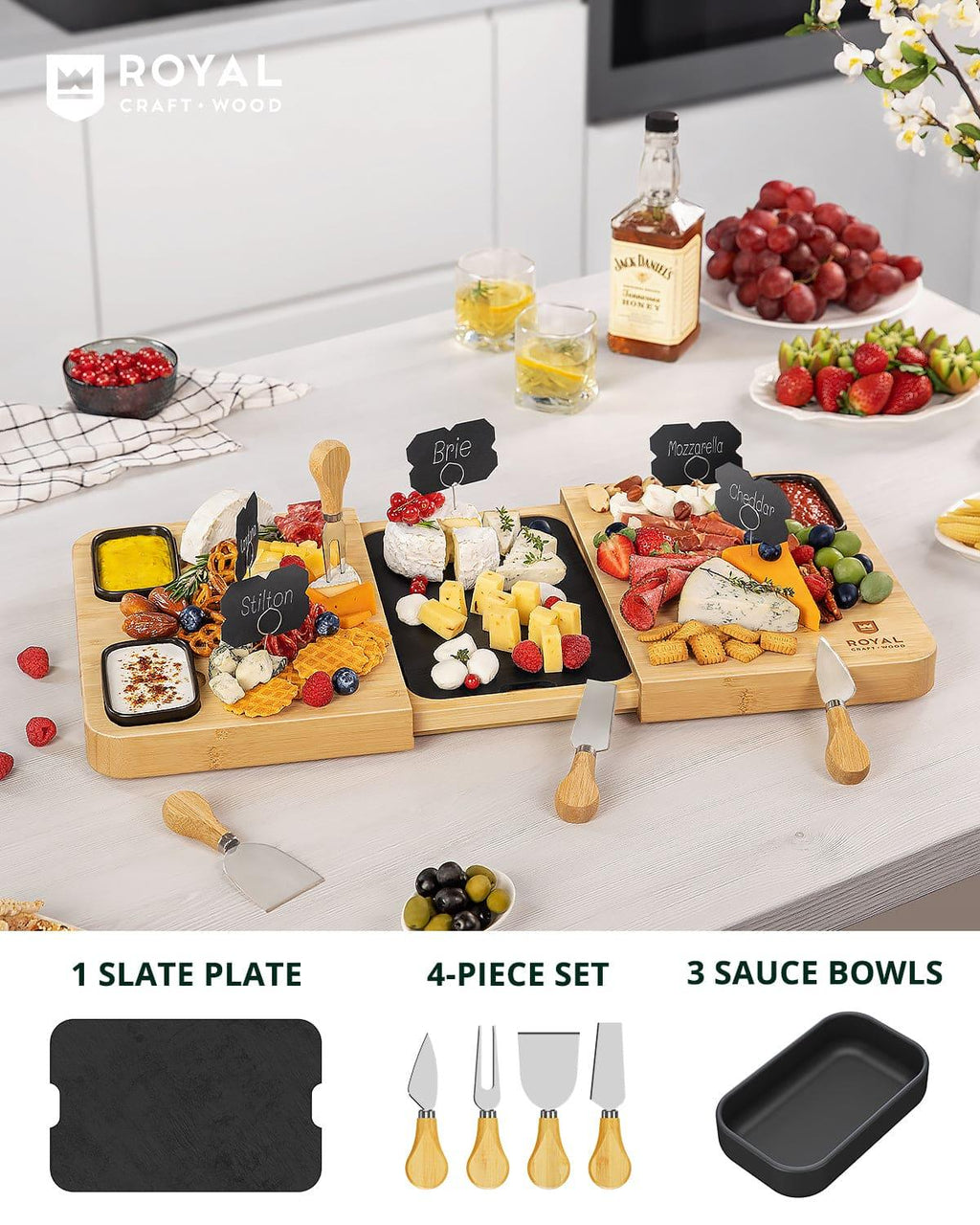 Cheese Board Set with Slate Plate Royal Craft Wood