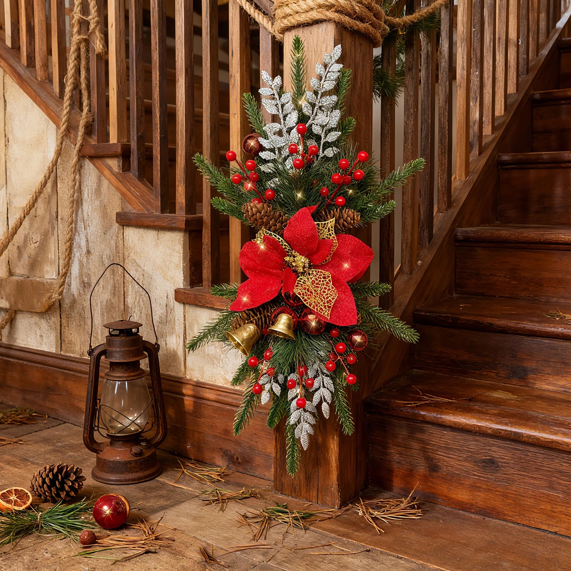 1-Pack 24-Inch Large Red & Christmas Garland with Poinsettias, Pine Cones, Berries & Bow - Stair Railing, Door, Wall Holiday Decorations - Plastic Faux Greenery Wreath for Xmas Tree-like Hanging (No Maintenance House Of Avana