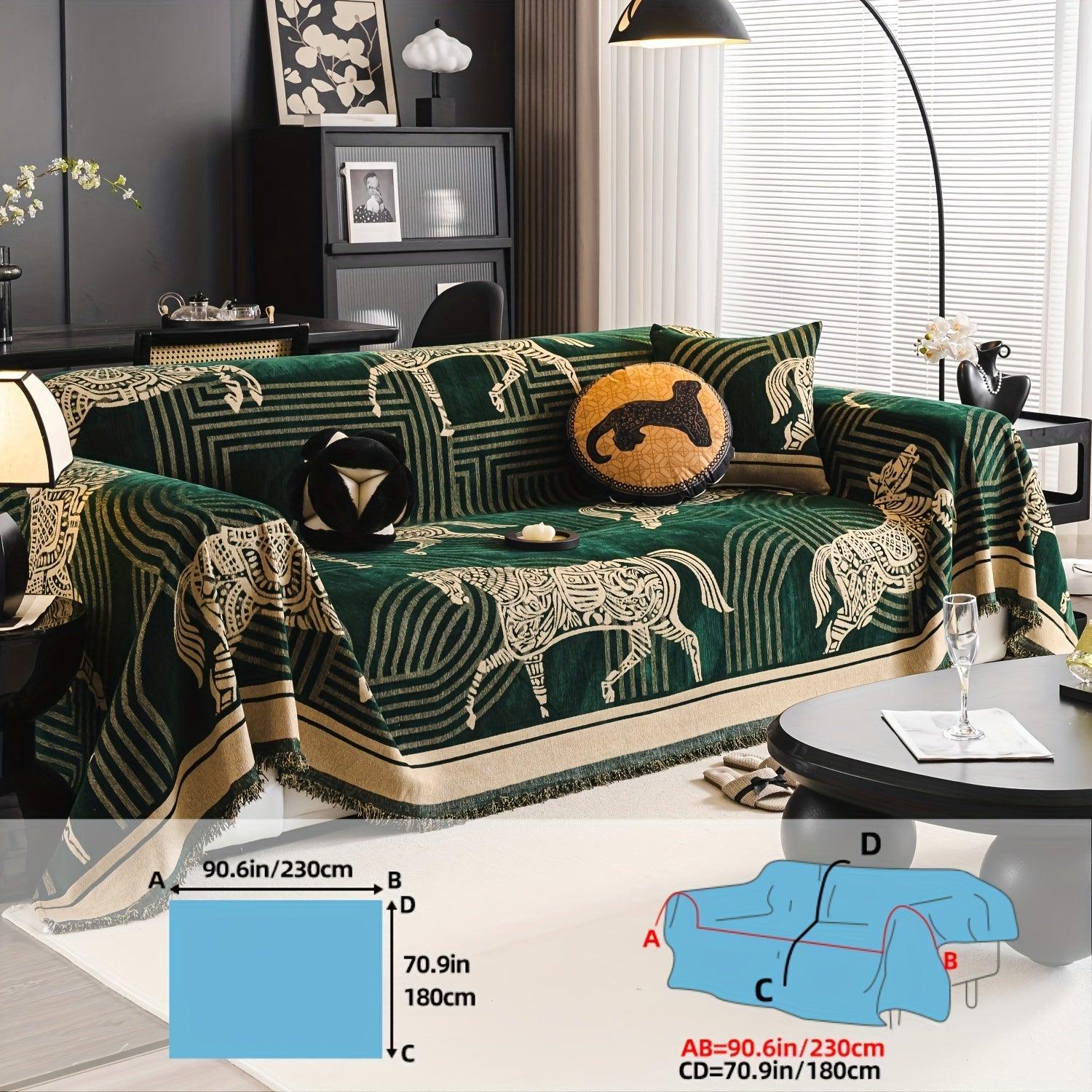 Luxurious Chenille Horse Design Sofa Cover Decor in Orange & Green topspet