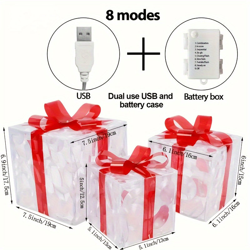 Three Sets Of Christmas Luminous And Exquisite Decorative Lights, Detachable Gift Box And Lighting Fixture (battery/USB Dual-purpose) Christmas Decorations, Red Bow Gift Boxes for Indoor, Living Room, Courtyard And Valentine' House Of Avana
