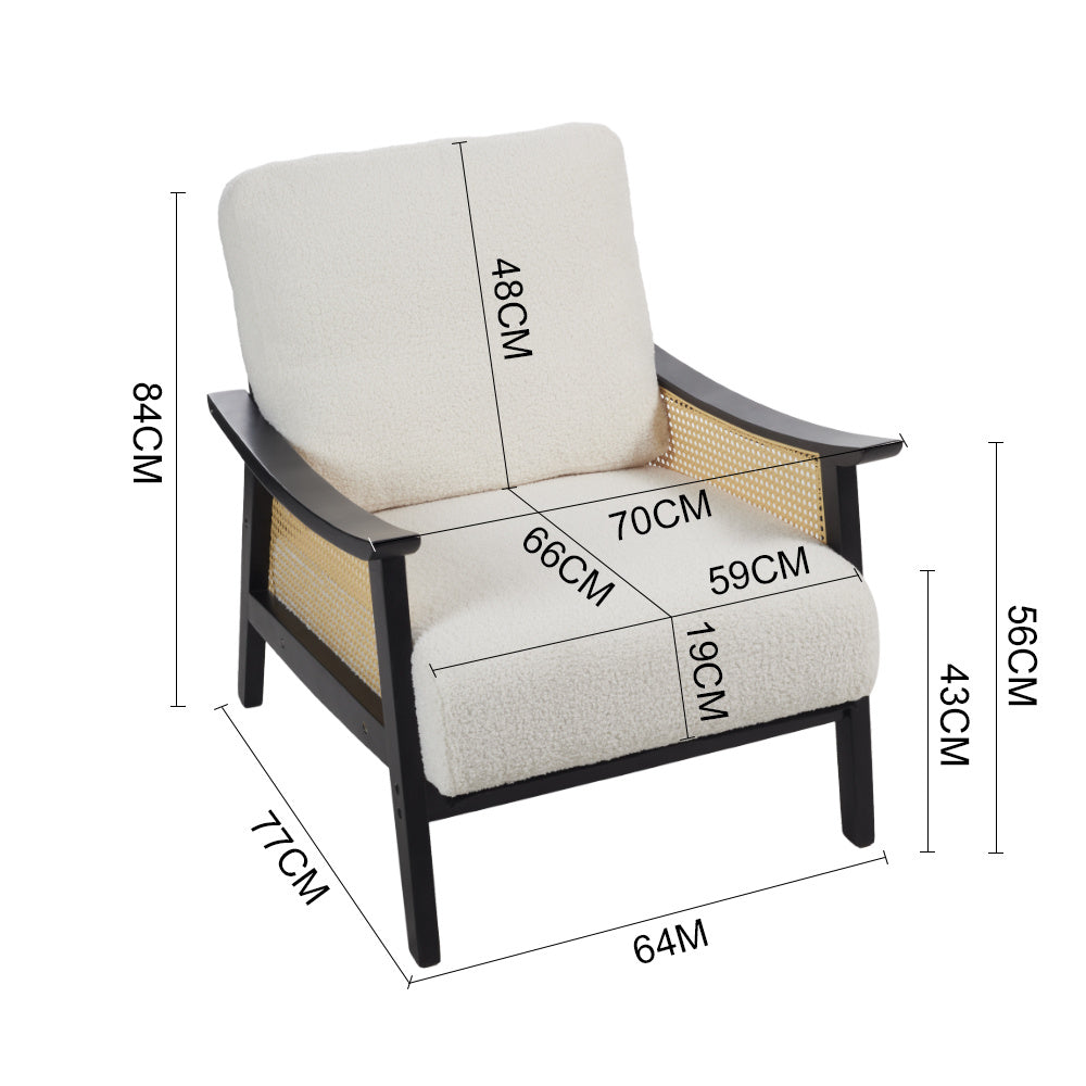 White Single Leisure Sofa, Rattan Decorative Armrest Upholstered Boucle Fabric Wingback Armchair with Padded Seat for Living Room Lounge Sofa Meeting Visitor Chair Cozy Chair for Bedroom Home Office House Of Avana