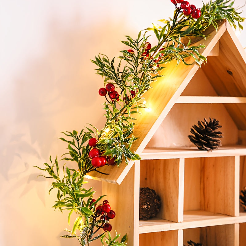 [Christmas Lights] Christmas Garland With LED Lights, PVC Festive Berry Decoration, Battery Operated, New Year, Office, Room, Wedding, Home Wall Decor, Christmas Decor, Christmas Home Decor, Battery Operated Lights, Festive H House Of Avana