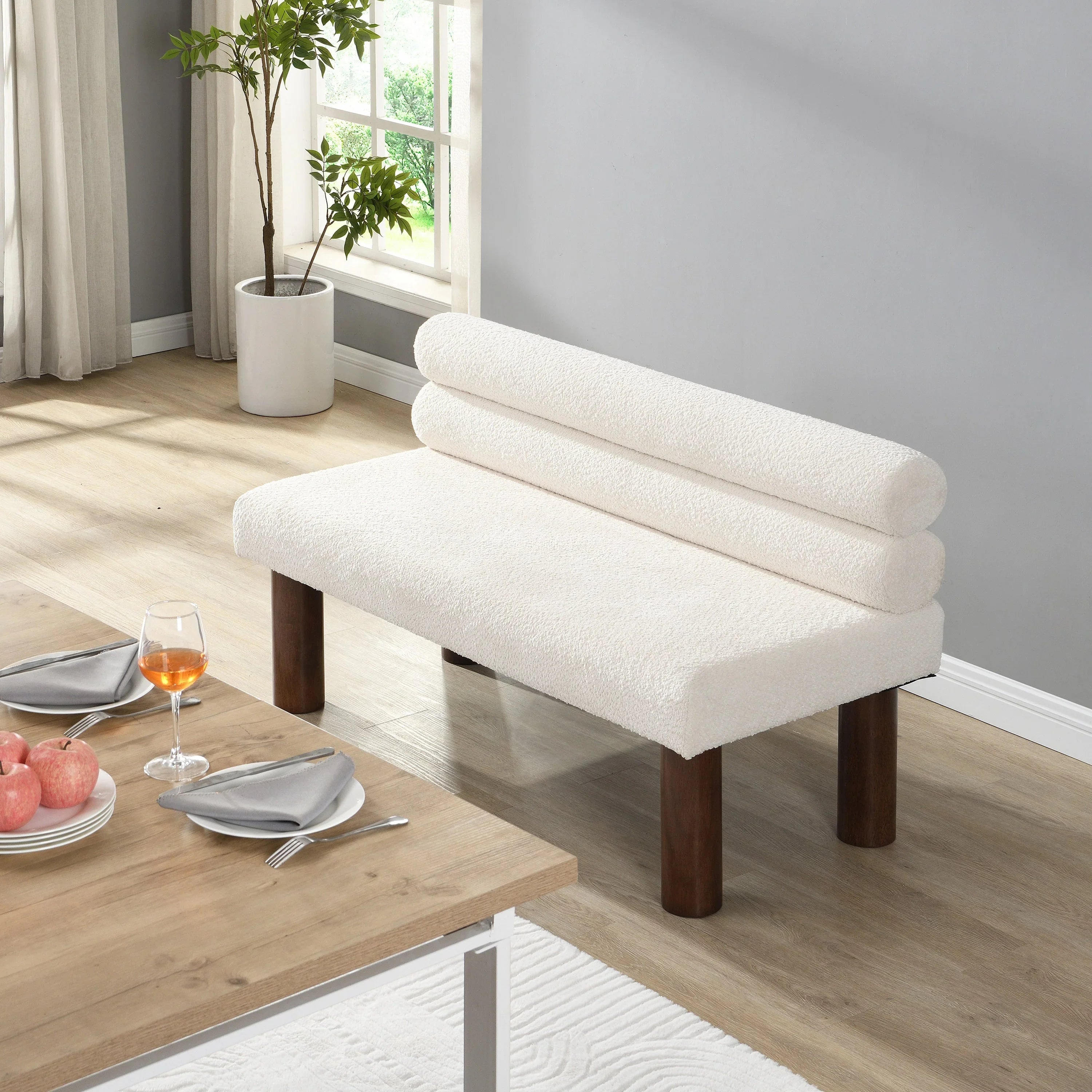 Upholstered Dining Bench, End of Bed, Entryway Bench, Boucle Ottoman for Dining Room, Bedroom, Living Room, Rubber Wood Leg 330 LBS Support, Beige Streamdale Furniture