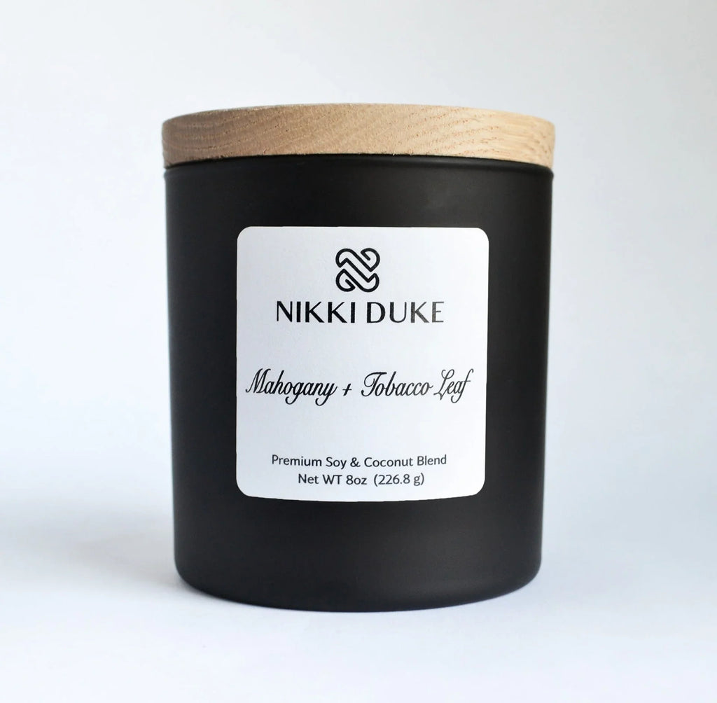Nikki Duke Mahogany + Tobacco Leaf  8 oz Premium Soy + Coconut Candle Nikki Duke