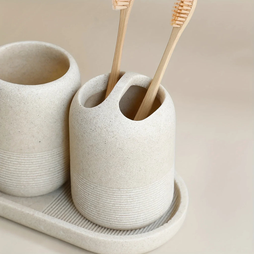 S Bathroom Set: Soap Dispenser, Rinse Cup, Toothbrush Holder, Soap Dish, Tray - Yellow Sandstone... - House Of Avana