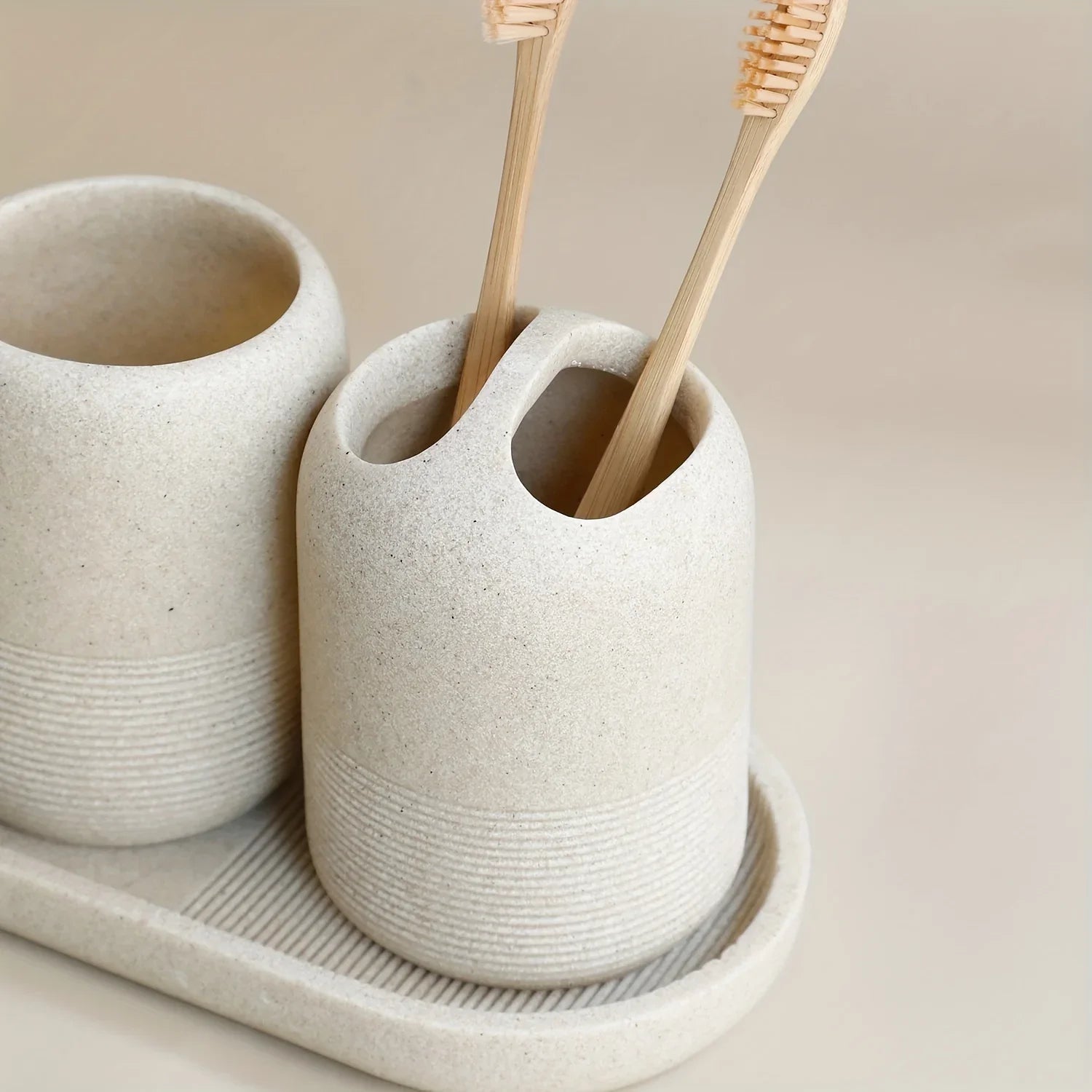 S Bathroom Set: Soap Dispenser, Rinse Cup, Toothbrush Holder, Soap Dish, Tray - Yellow Sandstone... - House Of Avana