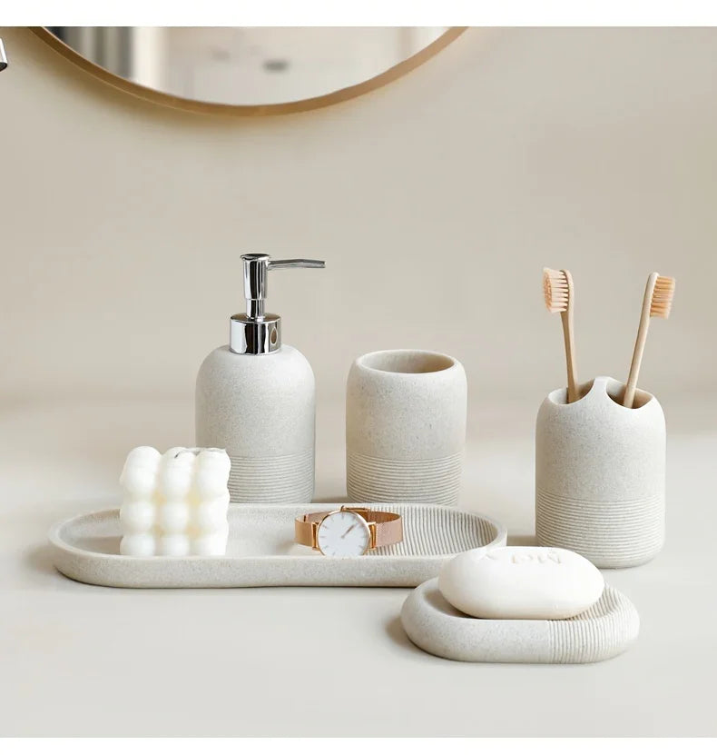 S Bathroom Set: Soap Dispenser, Rinse Cup, Toothbrush Holder, Soap Dish, Tray - Yellow Sandstone... - House Of Avana