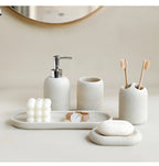 S Bathroom Set: Soap Dispenser, Rinse Cup, Toothbrush Holder, Soap Dish, Tray - Yellow Sandstone... - House Of Avana