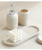 S Bathroom Set: Soap Dispenser, Rinse Cup, Toothbrush Holder, Soap Dish, Tray - Yellow Sandstone... - House Of Avana