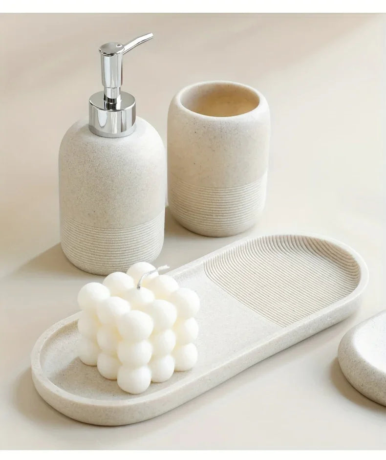S Bathroom Set: Soap Dispenser, Rinse Cup, Toothbrush Holder, Soap Dish, Tray - Yellow Sandstone... - House Of Avana