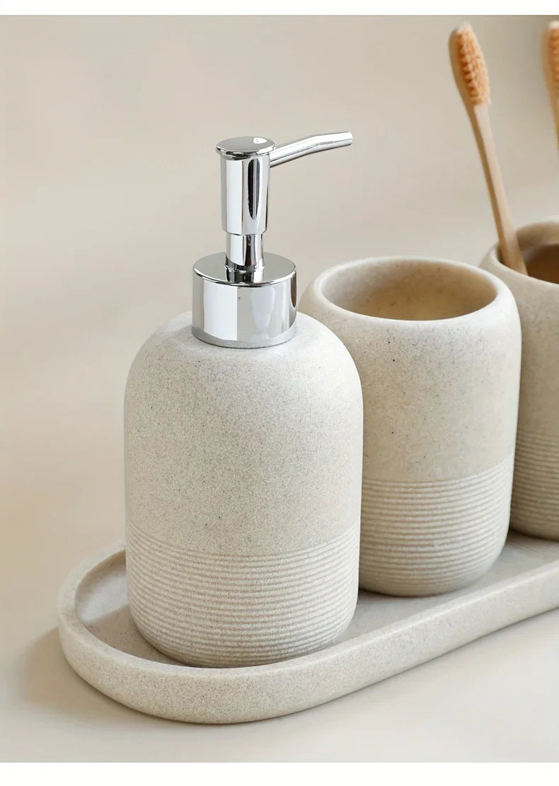 S Bathroom Set: Soap Dispenser, Rinse Cup, Toothbrush Holder, Soap Dish, Tray - Yellow Sandstone... - House Of Avana