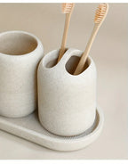 S Bathroom Set: Soap Dispenser, Rinse Cup, Toothbrush Holder, Soap Dish, Tray - Yellow Sandstone... - House Of Avana