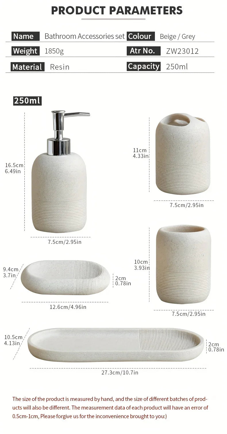 S Bathroom Set: Soap Dispenser, Rinse Cup, Toothbrush Holder, Soap Dish, Tray - Yellow Sandstone... - House Of Avana