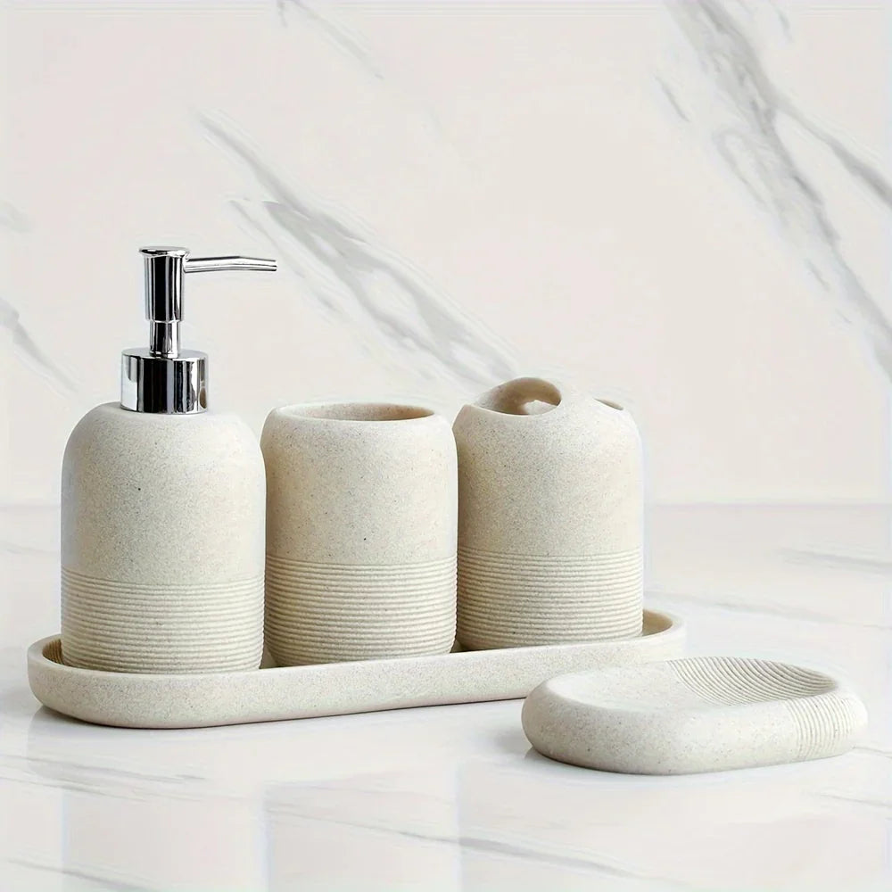 S Bathroom Set: Soap Dispenser, Rinse Cup, Toothbrush Holder, Soap Dish, Tray - Yellow Sandstone... - House Of Avana