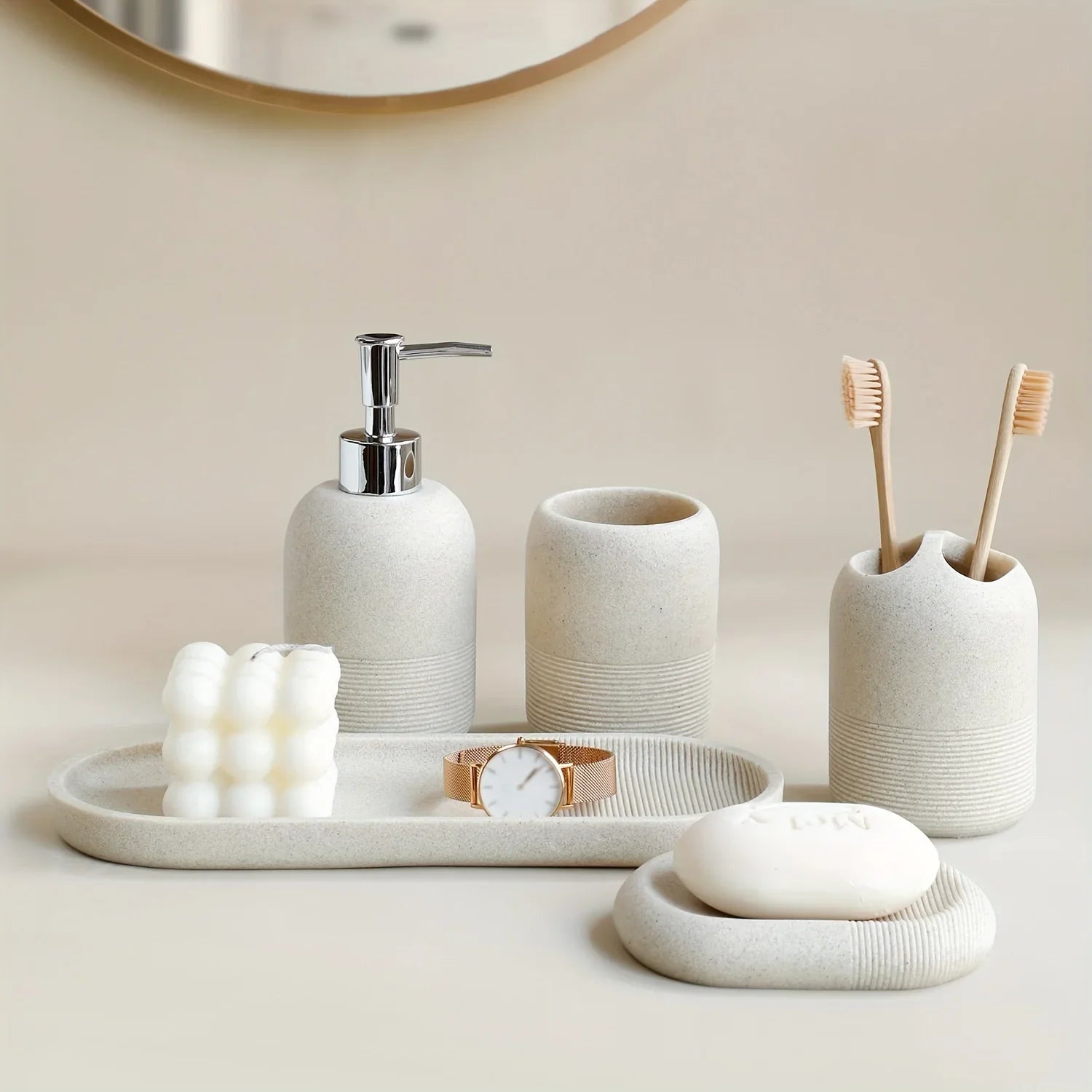 S Bathroom Set: Soap Dispenser, Rinse Cup, Toothbrush Holder, Soap Dish, Tray - Yellow Sandstone... - House Of Avana
