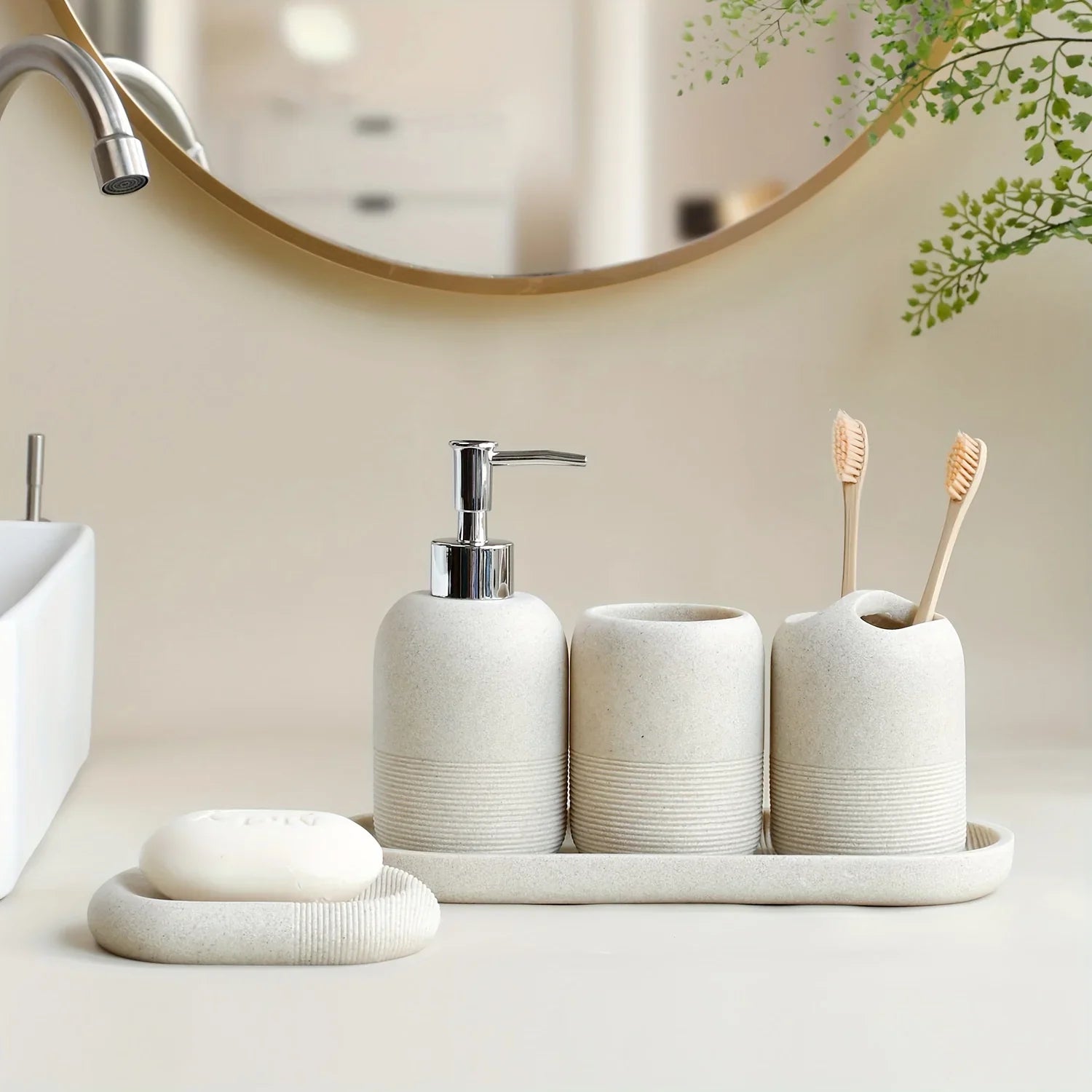 S Bathroom Set: Soap Dispenser, Rinse Cup, Toothbrush Holder, Soap Dish, Tray - Yellow Sandstone... - House Of Avana