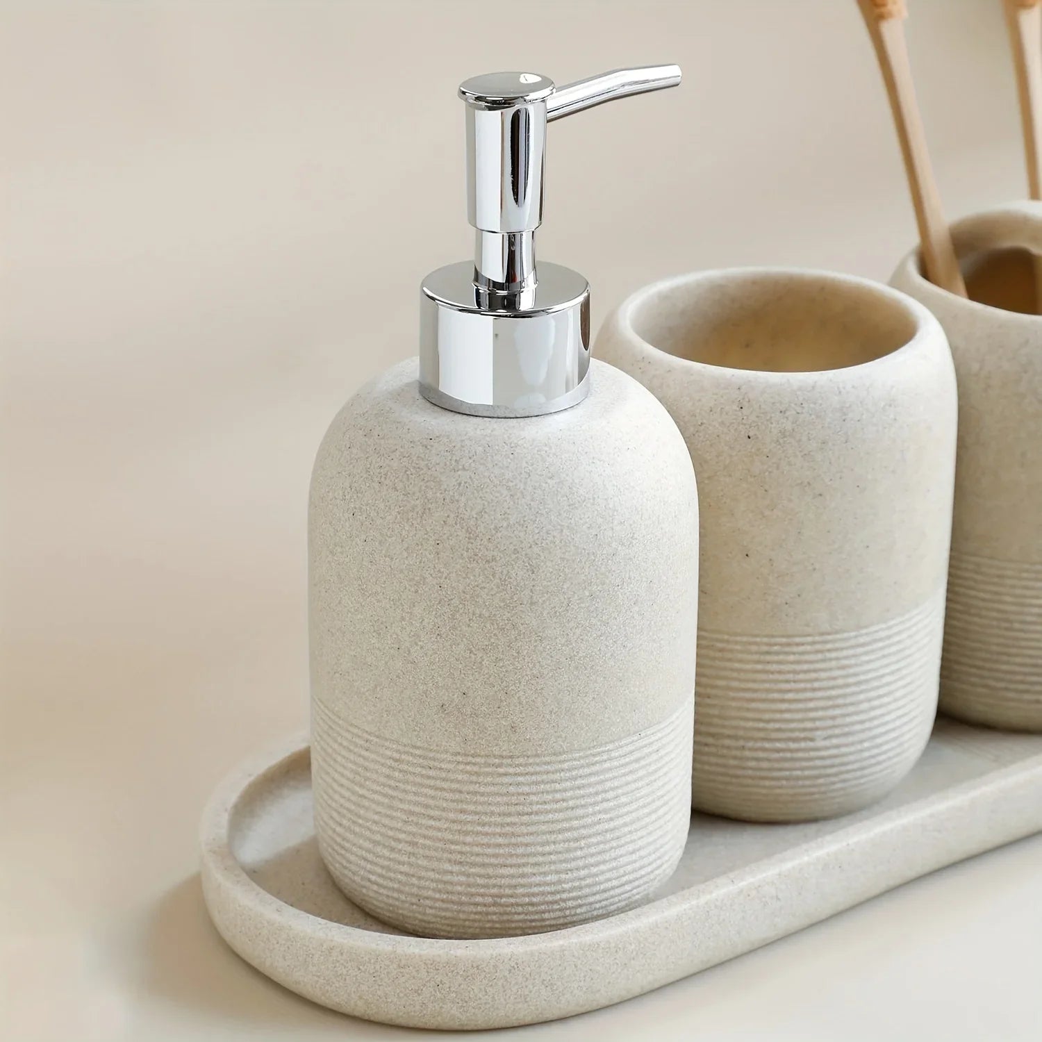 S Bathroom Set: Soap Dispenser, Rinse Cup, Toothbrush Holder, Soap Dish, Tray - Yellow Sandstone... - House Of Avana