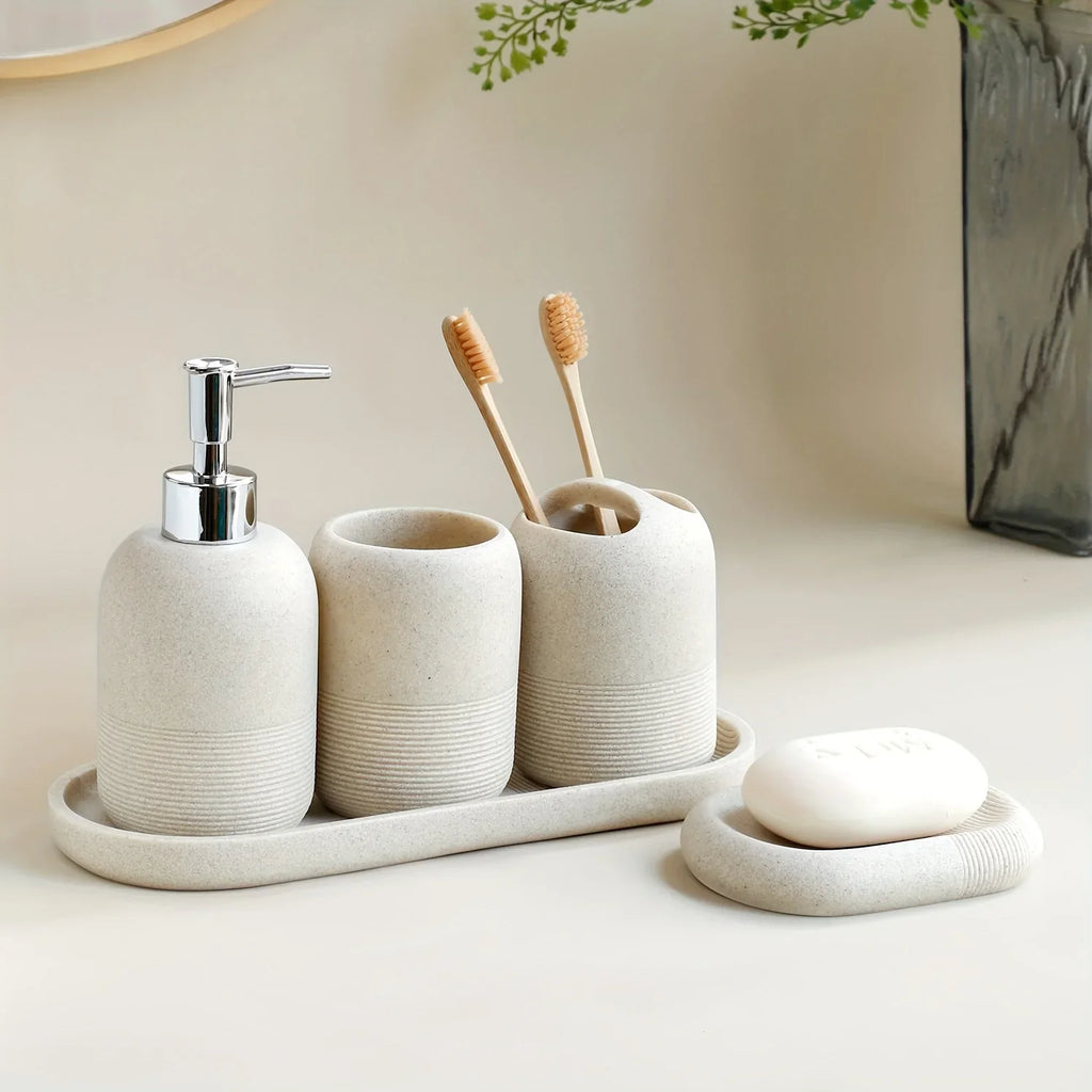 S Bathroom Set: Soap Dispenser, Rinse Cup, Toothbrush Holder, Soap Dish, Tray - Yellow Sandstone... - House Of Avana