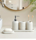 S Bathroom Set: Soap Dispenser, Rinse Cup, Toothbrush Holder, Soap Dish, Tray - Yellow Sandstone... - House Of Avana