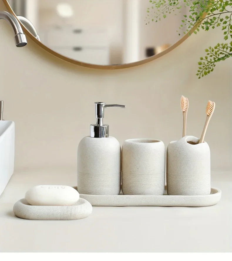 S Bathroom Set: Soap Dispenser, Rinse Cup, Toothbrush Holder, Soap Dish, Tray - Yellow Sandstone... - House Of Avana