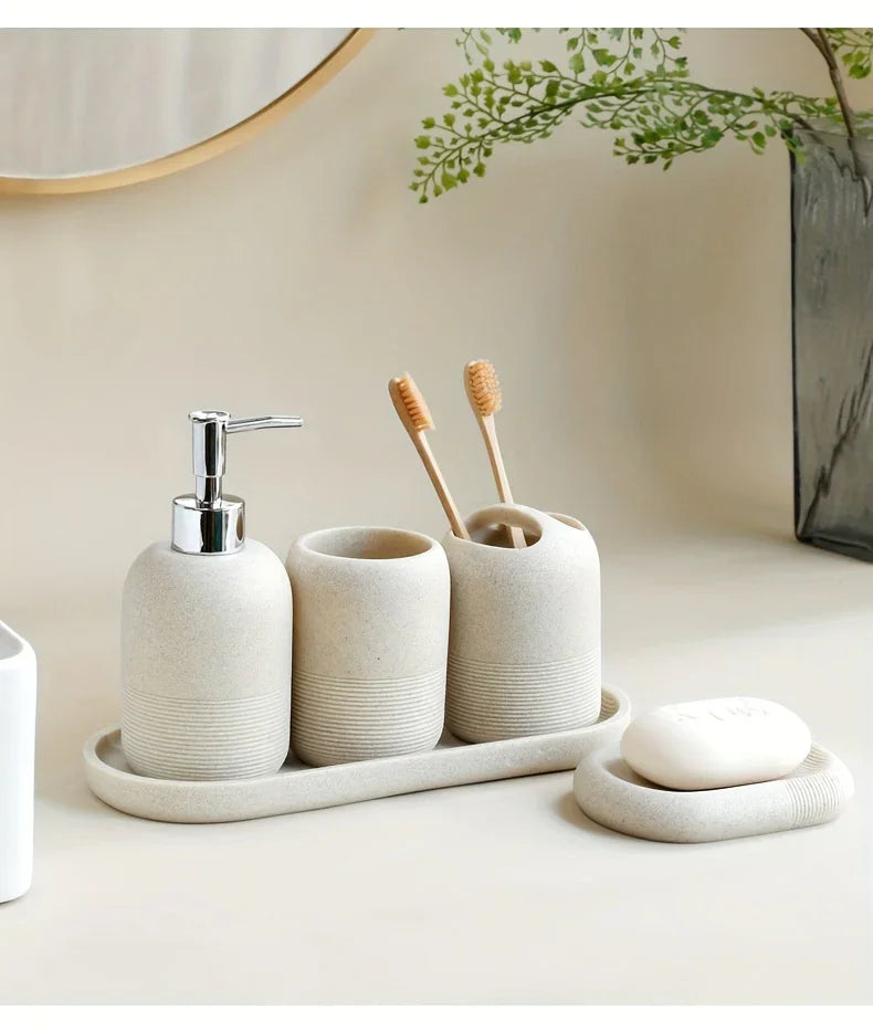 S Bathroom Set: Soap Dispenser, Rinse Cup, Toothbrush Holder, Soap Dish, Tray - Yellow Sandstone... - House Of Avana