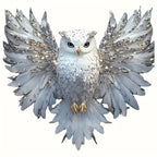 Artistic white owl vinyl decal with spread wings and silver accents for car and laptop decoration.