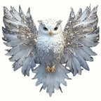 Artistic white owl vinyl decal with spread wings and silver accents for car and laptop decoration. [[SKU:HOA-WAL-072]]