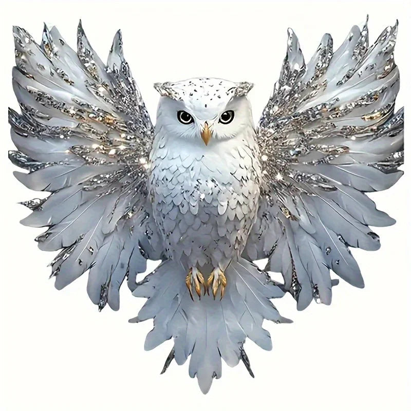 Artistic white owl vinyl decal with spread wings and silver accents for car and laptop decoration. [[SKU:HOA-WAL-072]]