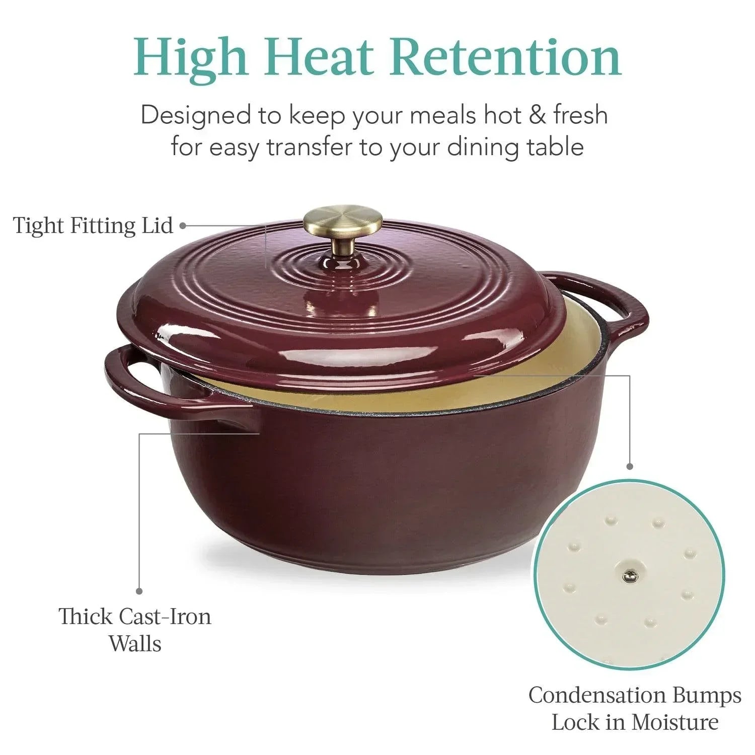 6 Quart Large Maroon Cabernet Red Enamel Cast-Iron Dutch Oven Kitchen Cookware