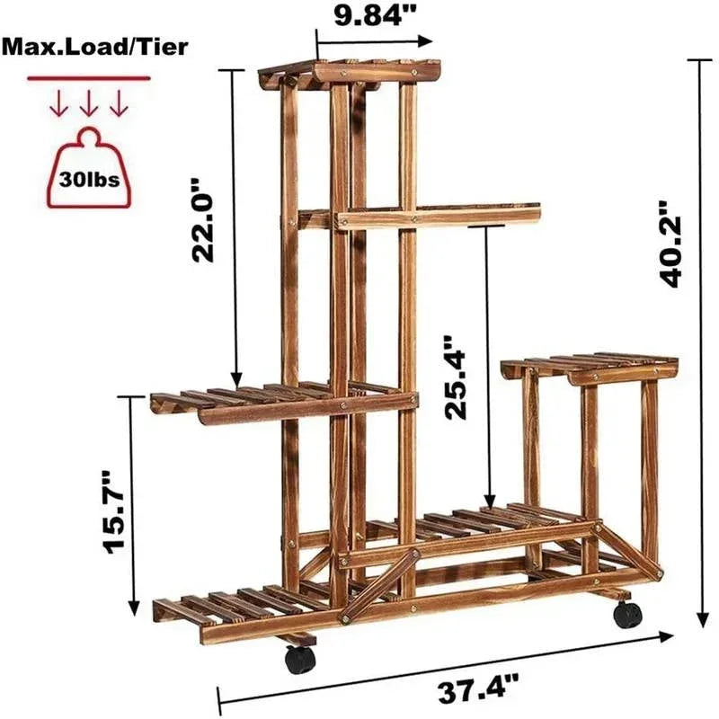 6-Shelf Portable Wooden Flower Pot Plant Stand with Locking Wheels