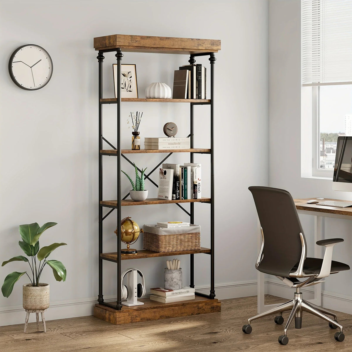 6-tier Industrial Style Bookshelf, 186.94 Cm High, Rustic Bookcase, Metal Frame, Vintage Wood Bookshelf,... - House Of Avana [[SKU:HOA-BOK-027]]