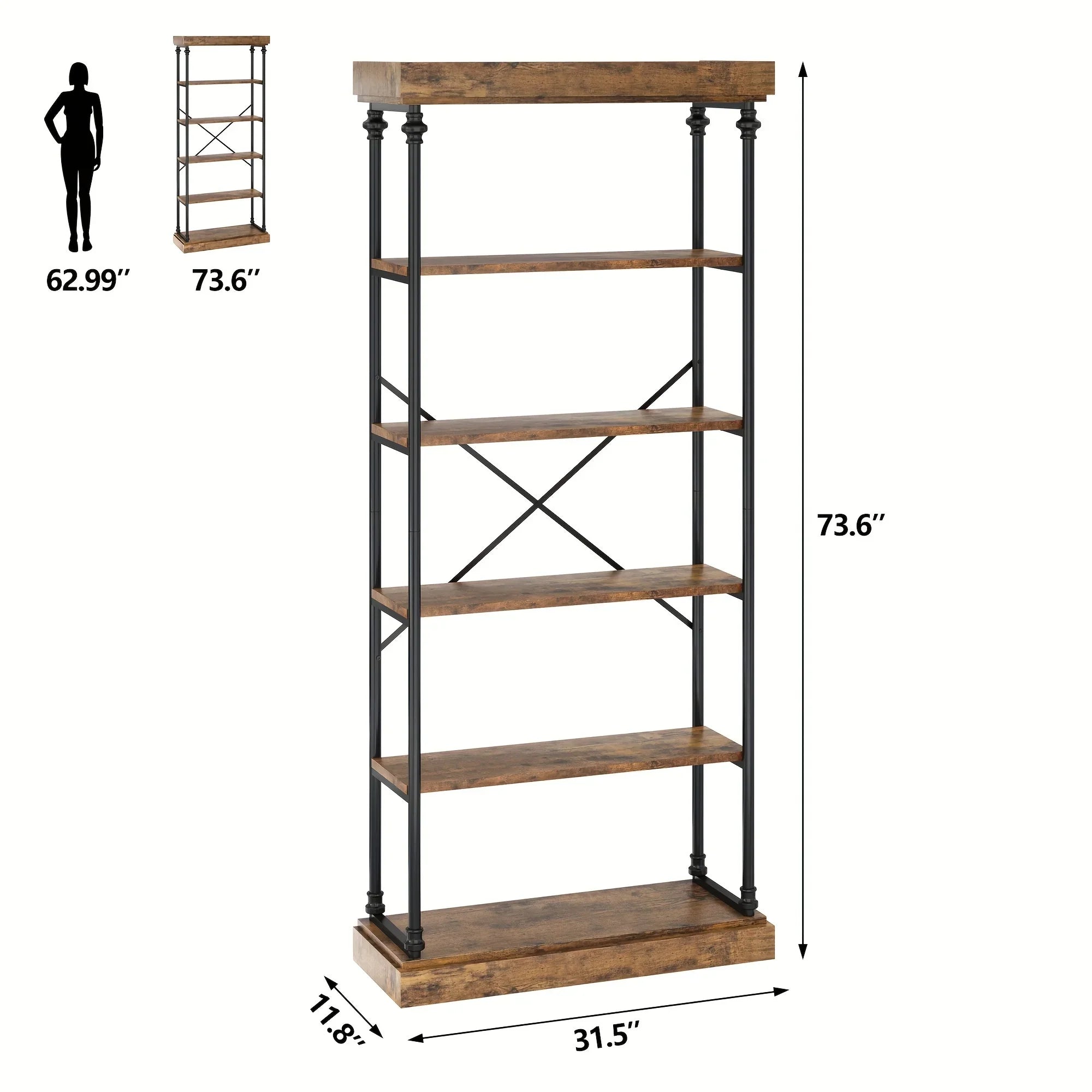 6-tier Industrial Style Bookshelf, 186.94 Cm High, Rustic Bookcase, Metal Frame, Vintage Wood Bookshelf,... - House Of Avana