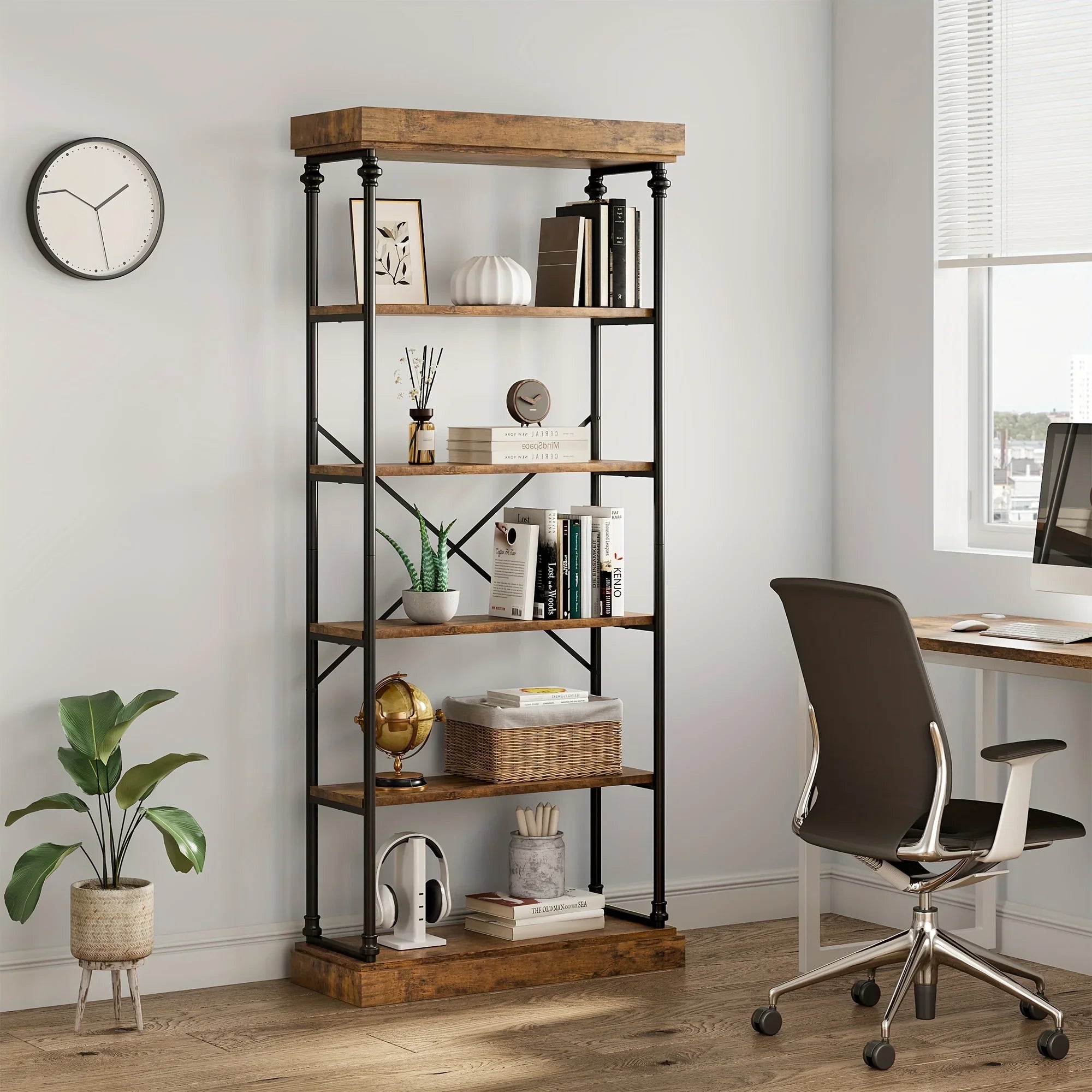 6-tier Industrial Style Bookshelf, 186.94 Cm High, Rustic Bookcase, Metal Frame, Vintage Wood Bookshelf,... - House Of Avana